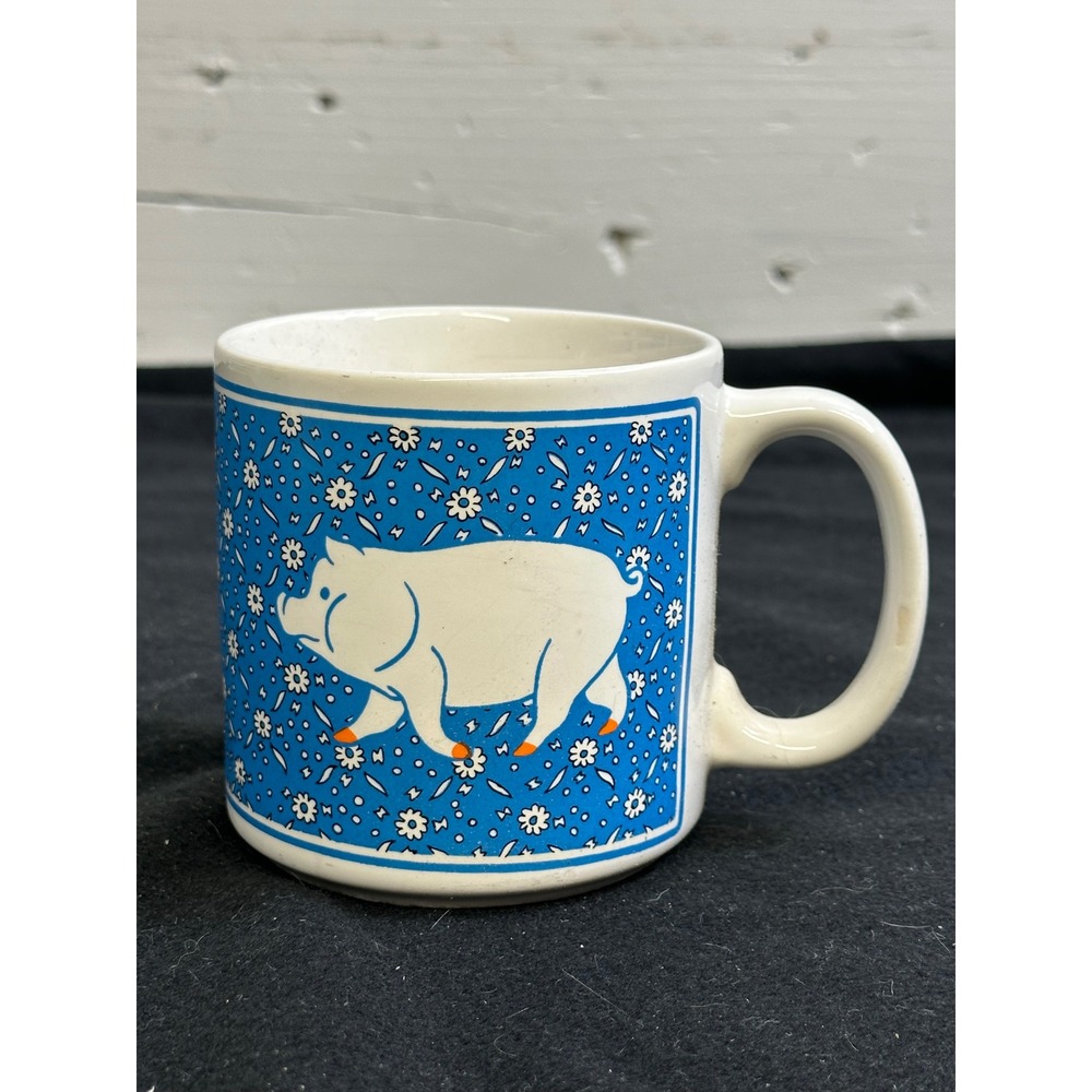 Vintage JSNY Pig Mug Blue Floral Calico Farmhouse Ceramic Coffee Cup Taiwan